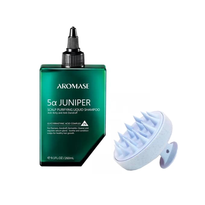 Aromase 5a Kit loțiune de curățare a scalpului cu ienupăr 260 ml + perie de masaj pentru piele myBuddy Head albastru