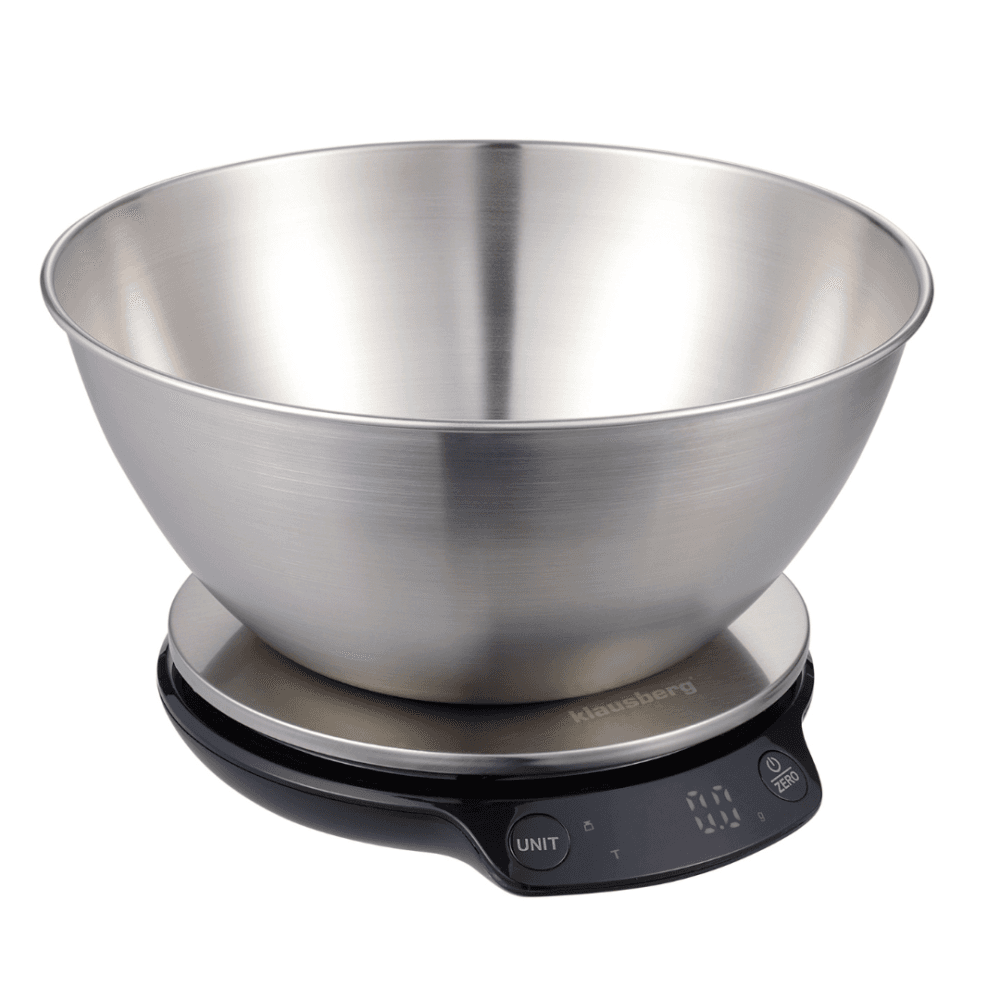 Cantar de bucatarie cu bol Klausberg KB 7939, 5 Kg, Bluetooth, Aplicatie mobila, LED, Tare, Lichide, 4 valori nutritive, Inox