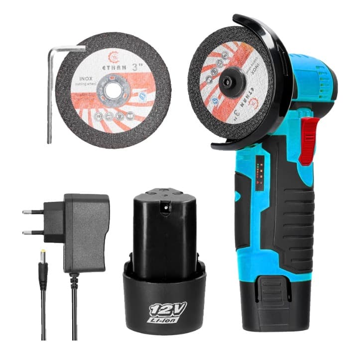 Polizor unghiular electric 19500rpm cu  2 baterii 12V disc de taiere dimensiuni 216x84x120mm