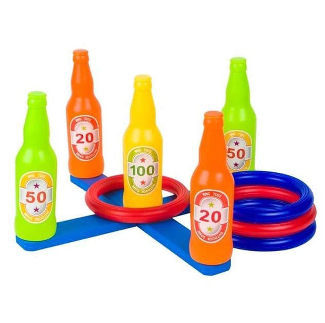 Joc de aruncat cu sticle din plastic colorate si 4 inele