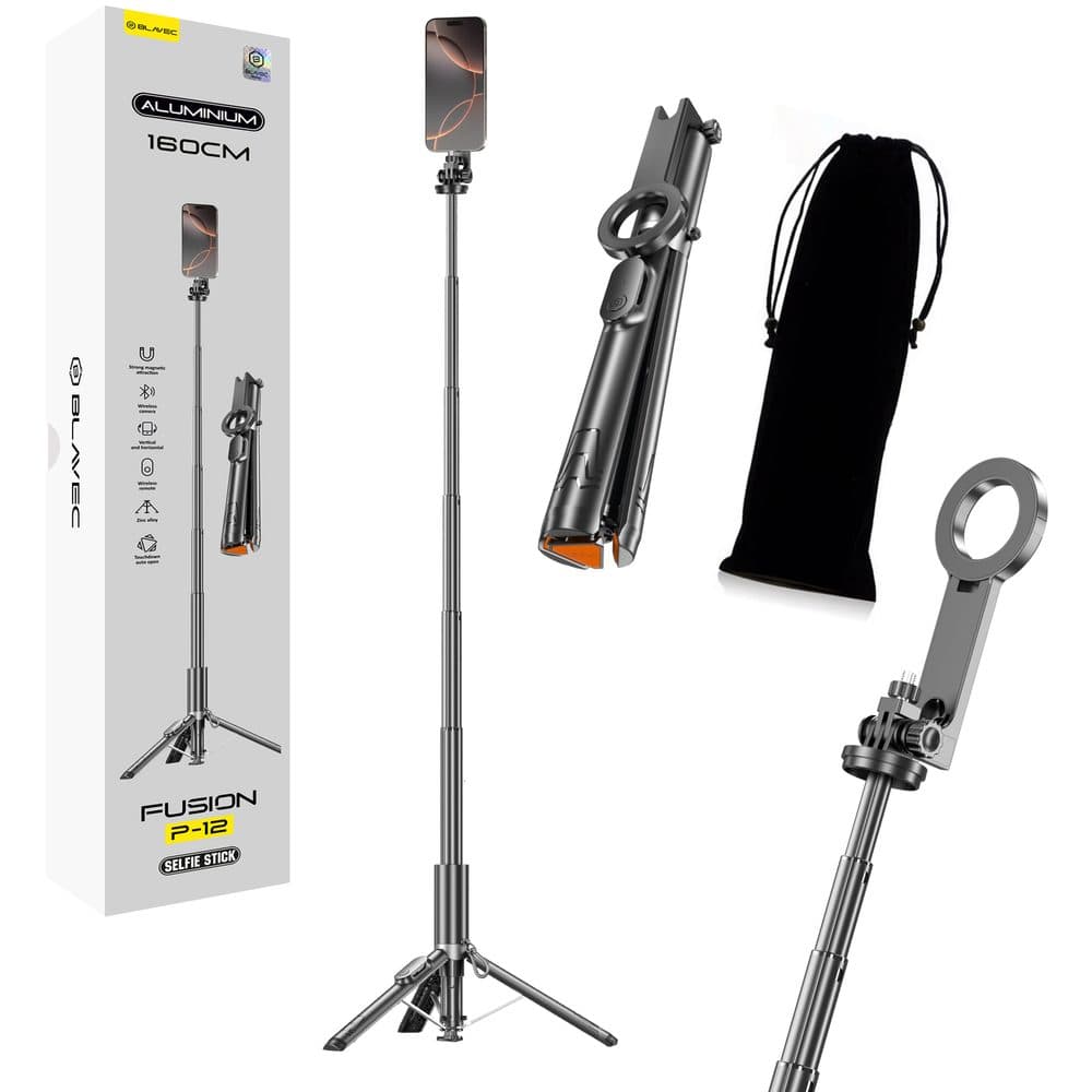 Blavec Selfie Stick MagSafe cu extensie automată, trepied și telecomandă, 1,60 m, negru