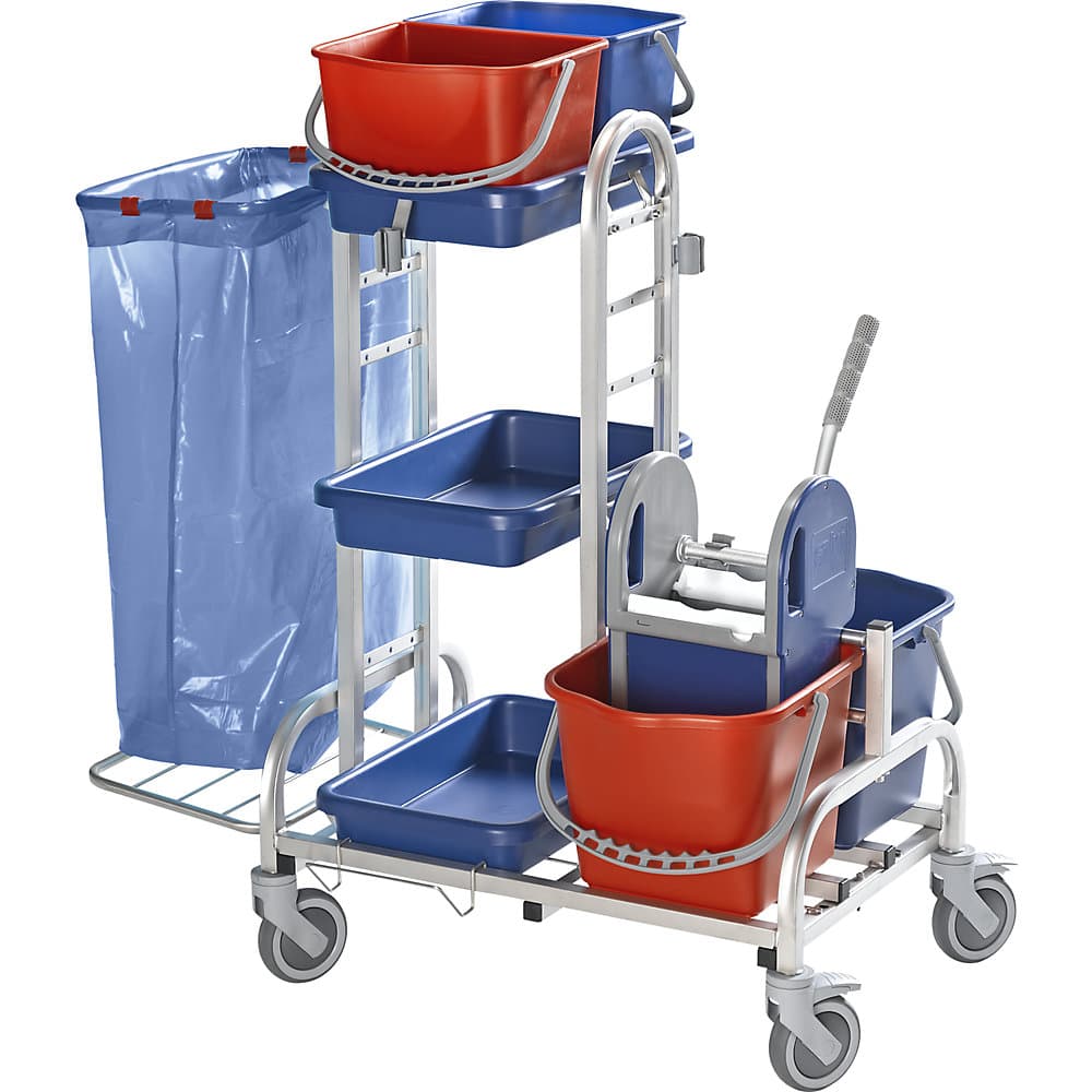 eurokraft pro Cărucior de curățenie din inox, 2 găleți x 10 l, 2 găleți x 15 l cu presă pentru mop, role din plastic