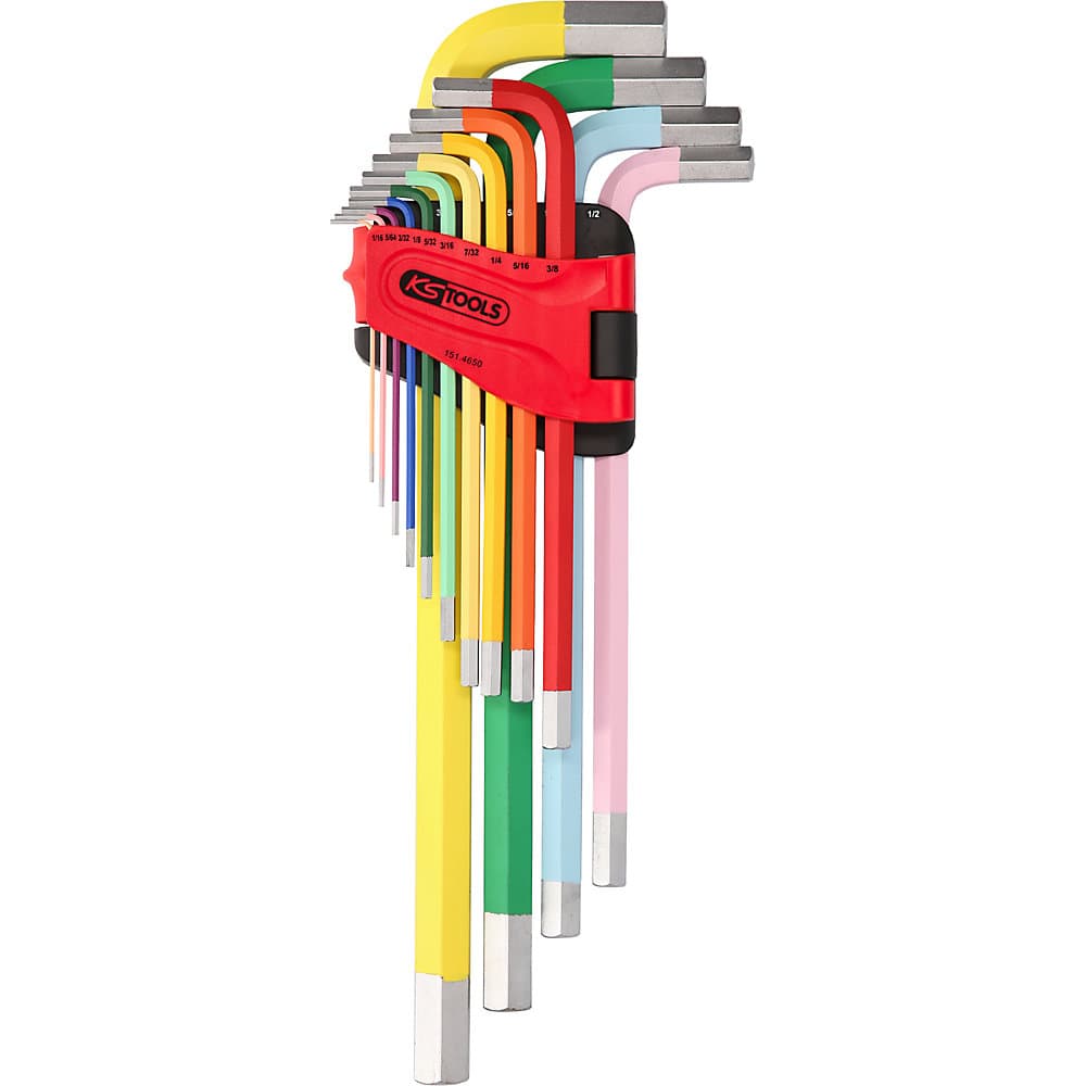 KS Tools Set de chei cu știft unghiular extra lung, locaș hexagonal, dimensiuni în țoli, 14 piese