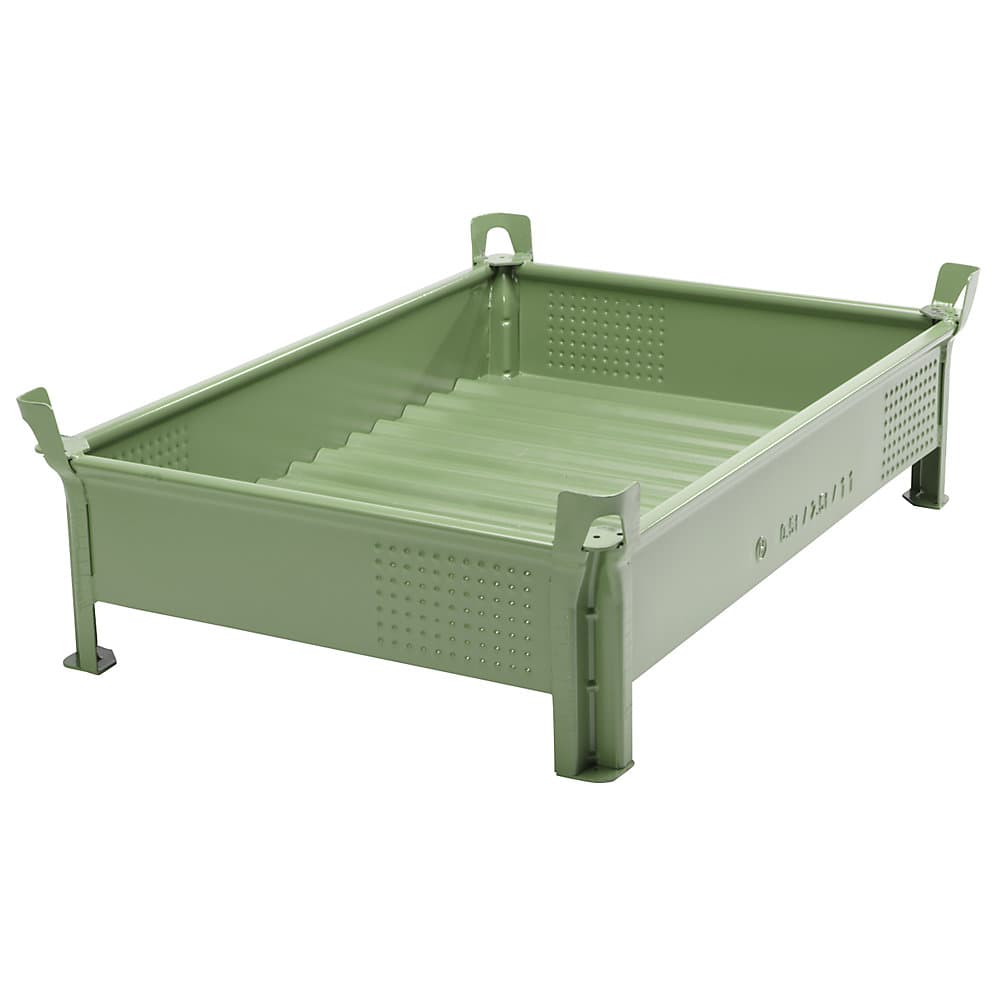 Heson Container stivuibil din tablă de oțel, construcție joasă, pereți plini, lăț. x lung. 800 x 1200 mm, capacitate portantă 2000 kg, verde,