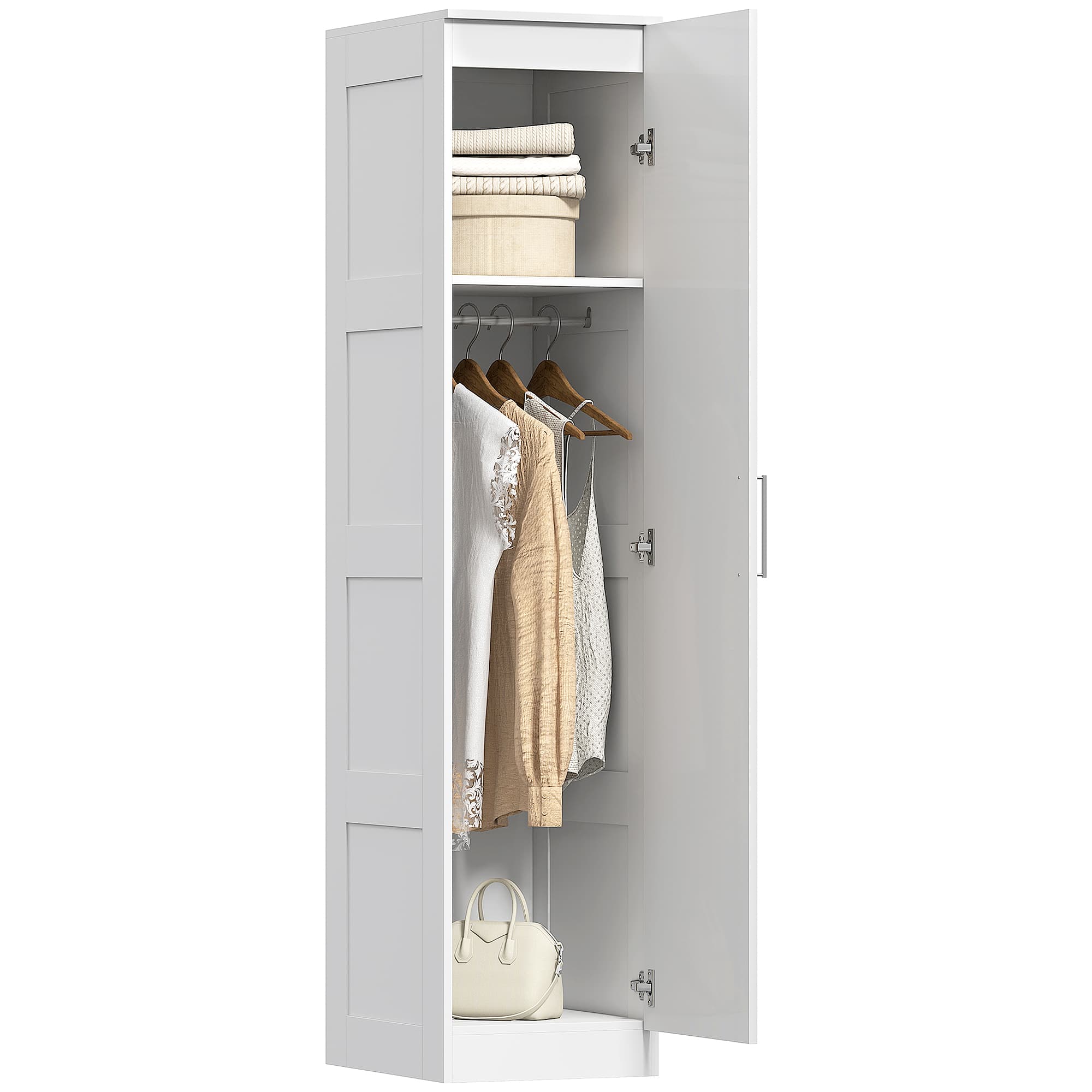 HOMCOM Șifonier Multifuncțional cu Șină pentru Haine, Raft, Ușă cu Închidere Ușoară 40 x 52 x 180 cm Alb | Aosom Romania