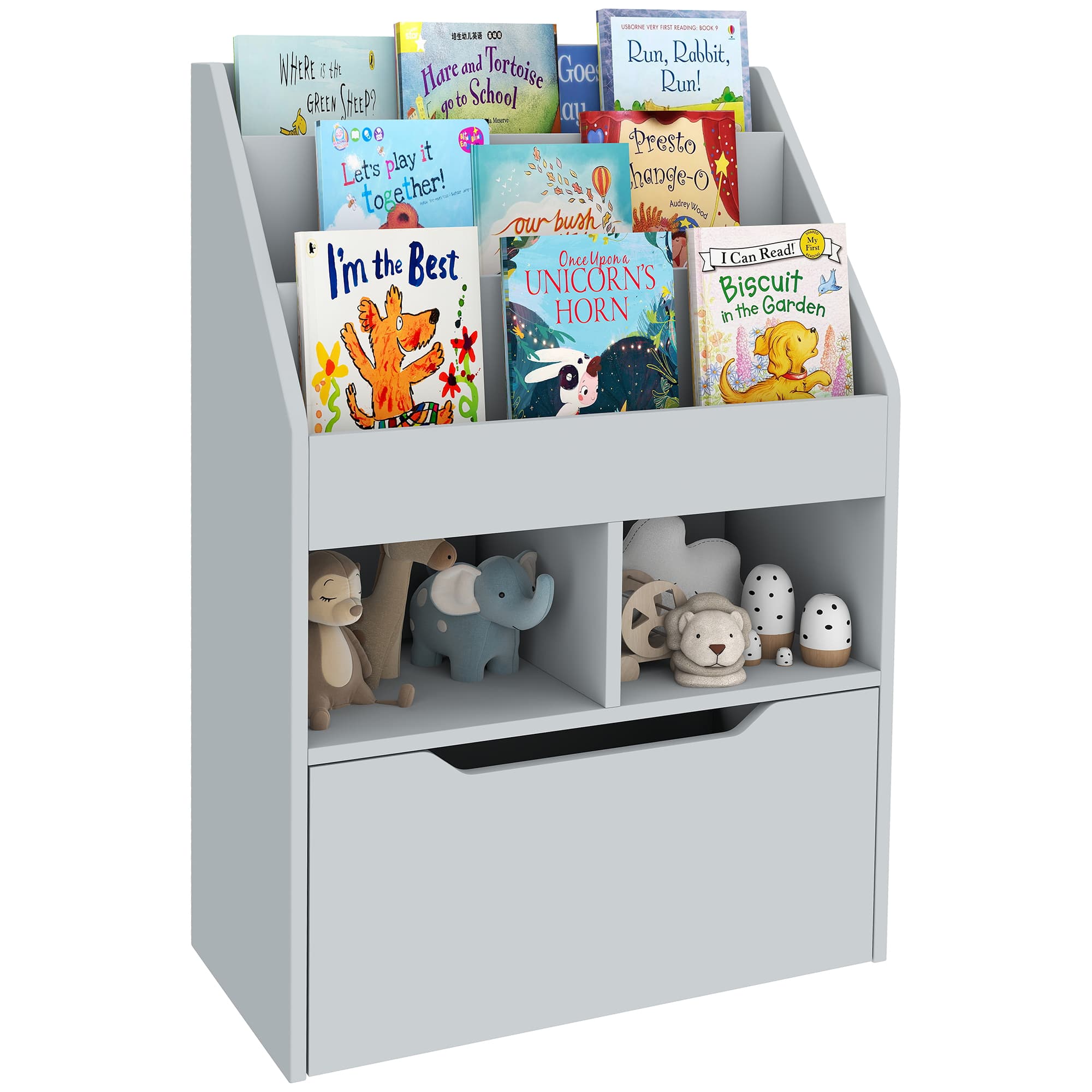 HOMCOM Raft pentru copii cu sertar, bibliotecă cu rafturi, 60 x 29,9 x 90 cm, Gri | Aosom Romania