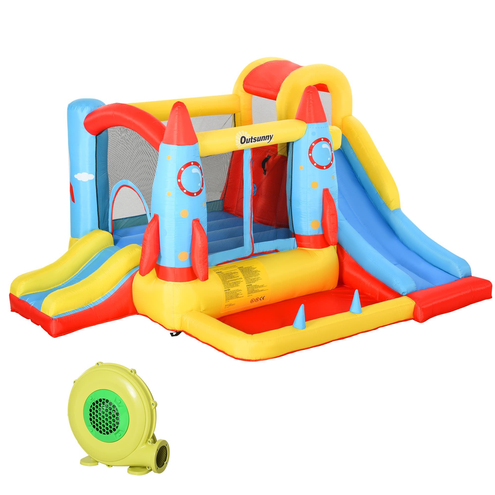 Outsunny Castel Gonflabil cu 2 Tobogane Trambulina și Piscina pentru Copii +3 Ani cu Inflator și Geantă de Transport pentru Interior Exterior