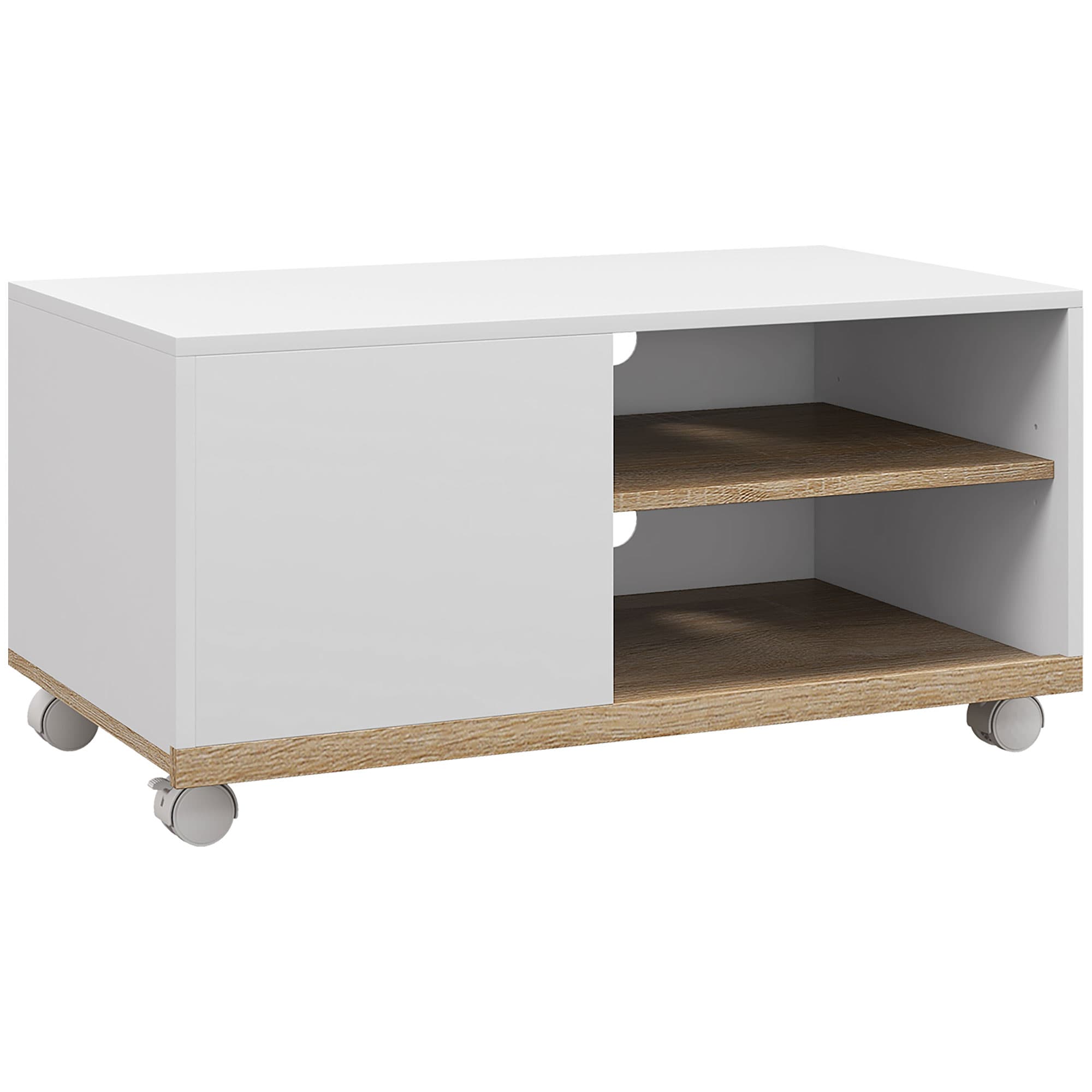 HOMCOM Dulap TV 42" Max cu 2 Rafturi deschise si Usa, Dulap TV Jos din PAL cu Roti, 80x45x39.5 cm, Alb | Aosom Romania