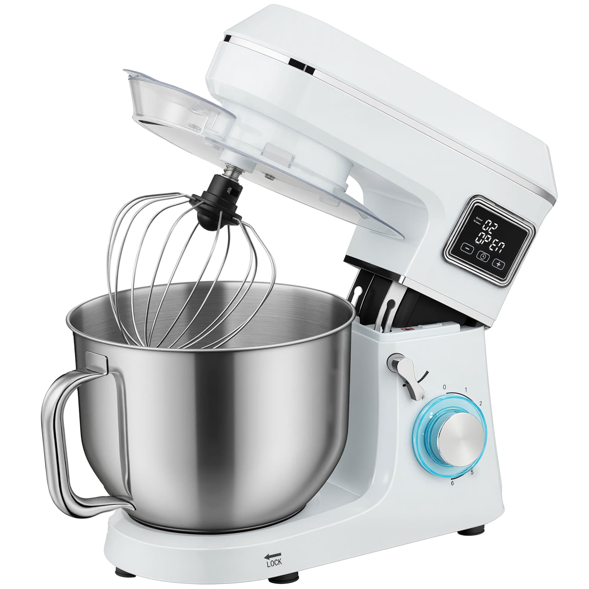 HOMCOM Mixer planetar 6 L 1400 W cu cap înclinat 6 viteze Funcție de fermentare Ecran LED Alb | Aosom Romania