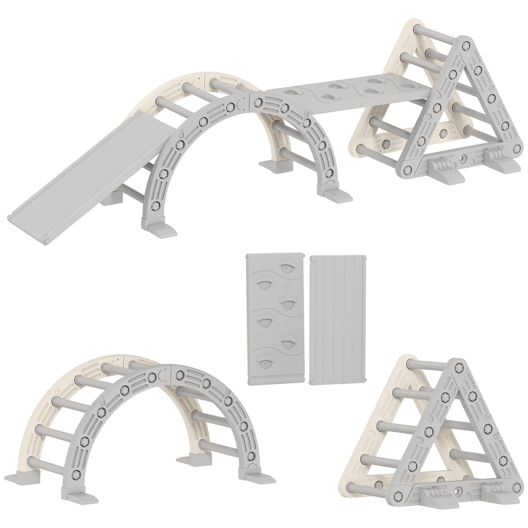AIYAPLAY 8-în-1 Triunghi de cățărat pentru copii, arc de cățărat, rampă dublă pentru urcat & alunecat, 279 x 80 x 69 cm, gri | Aosom Romania