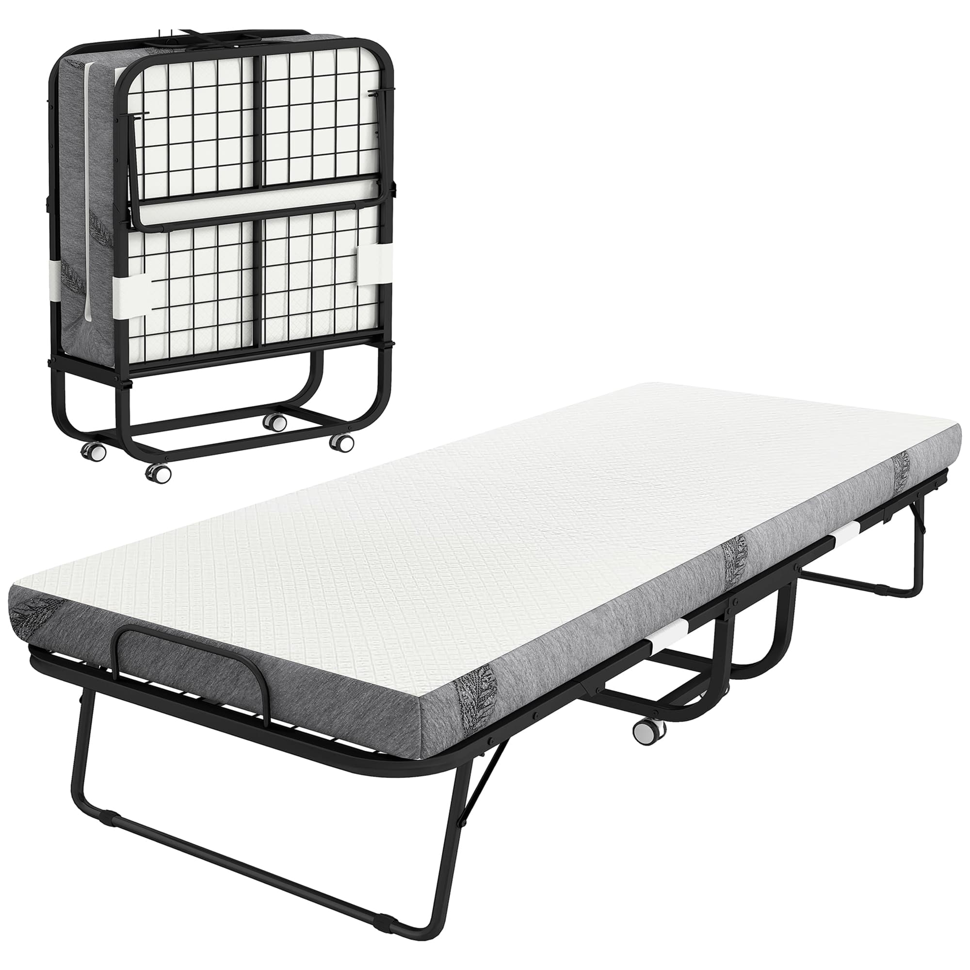 HOMCOM Pat Pliabil Single 90x200 cm cu Saltea de 10 cm Grosime, Cadru din Metal și Roți cu Frână, Negru | Aosom Romania