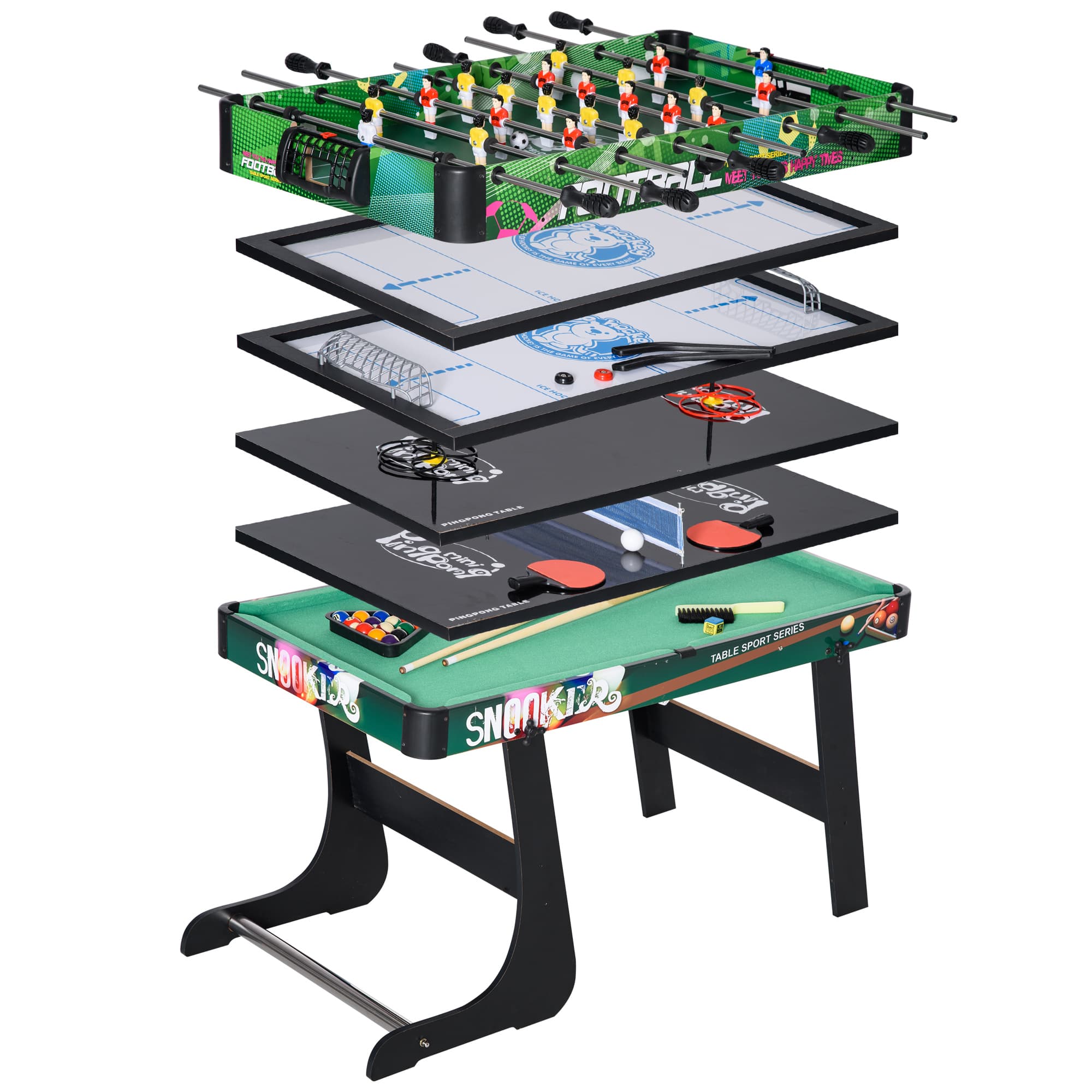 HOMCOM Masă de Jocuri 6 în 1 cu Fotbal de Masă, Biliard, Air Hockey, Tenis de Masă, Hockey pe Iarbă, 118x104x71 cm | Aosom Romania