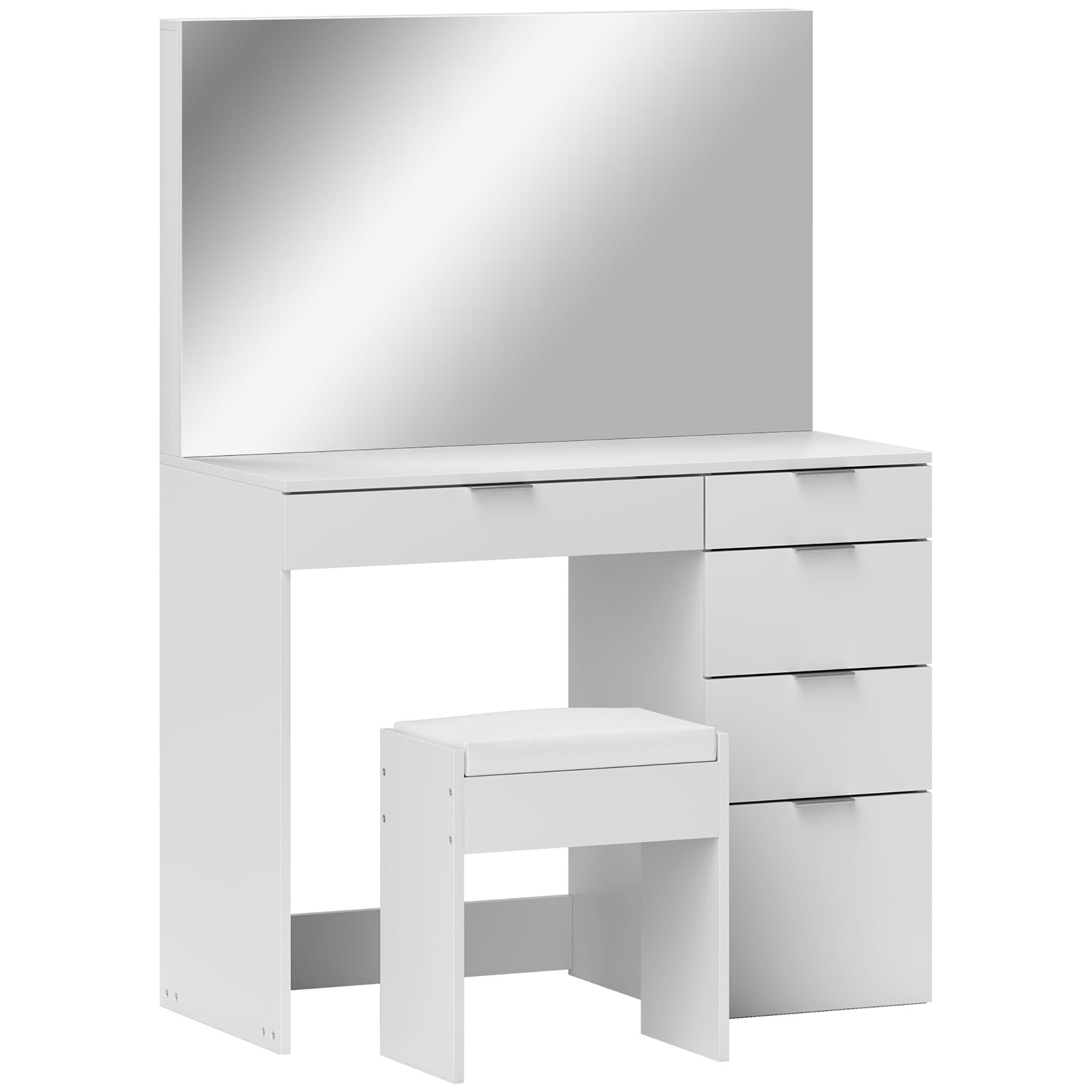 HOMCOM Set Masă de Toaletă cu Oglindă și 5 Sertare și Taburet de Machiaj Tapițat, 97,2x44,5x136,5 cm, Alb | Aosom Romania