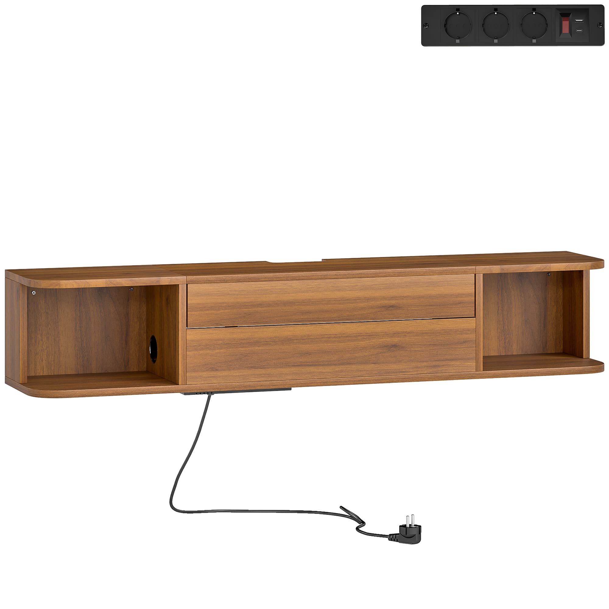 HOMCOM Suport TV suspendat până la 50" cu prize de curent, USB și tip C, sertar și rafturi, 120x24x22.4 cm, Nuc | Aosom Romania