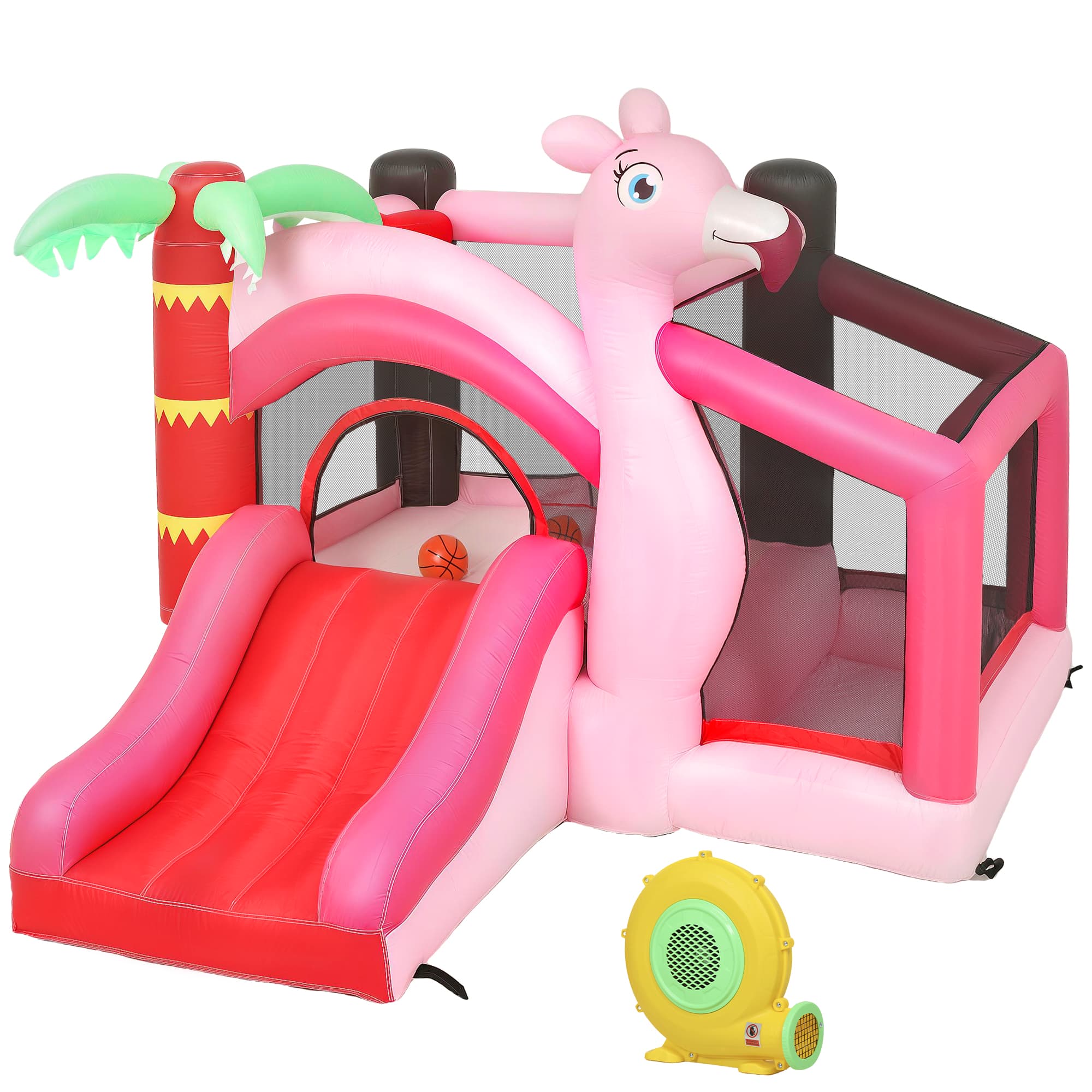 AIYAPLAY Castel Gonflabil pentru Copii 4 în 1, Tobogan, Trambulină, Piscină cu Bile, Coș de Baschet, Mingi de Baschet, Tematică Flamingo,