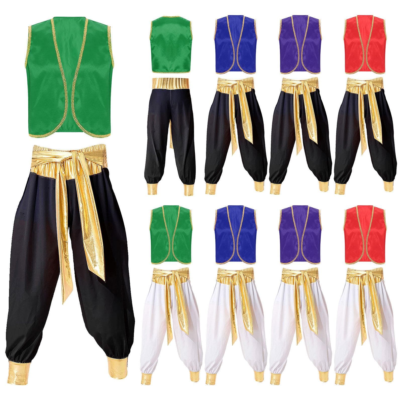 Set de costume de prinț arab pentru bărbați, vestă fără mâneci împletită, cu tăiere în față deschisă, cu talie elastică, pantaloni