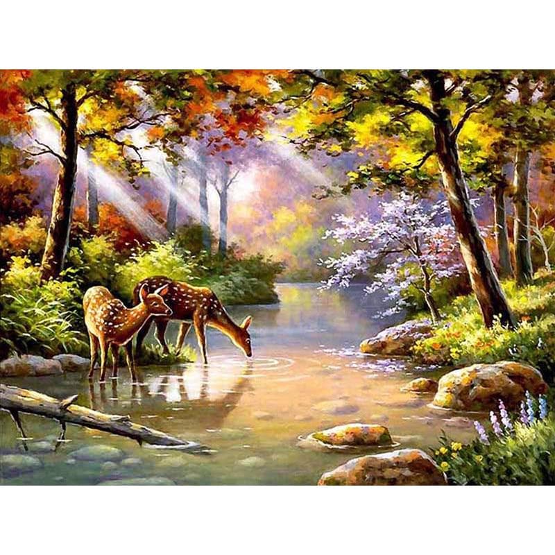 Pictură cu diamant 5D DIY Scenic Forest Lumina soarelui Broderie 5D Căprioare Cusatura de cruce Mozaic Stras