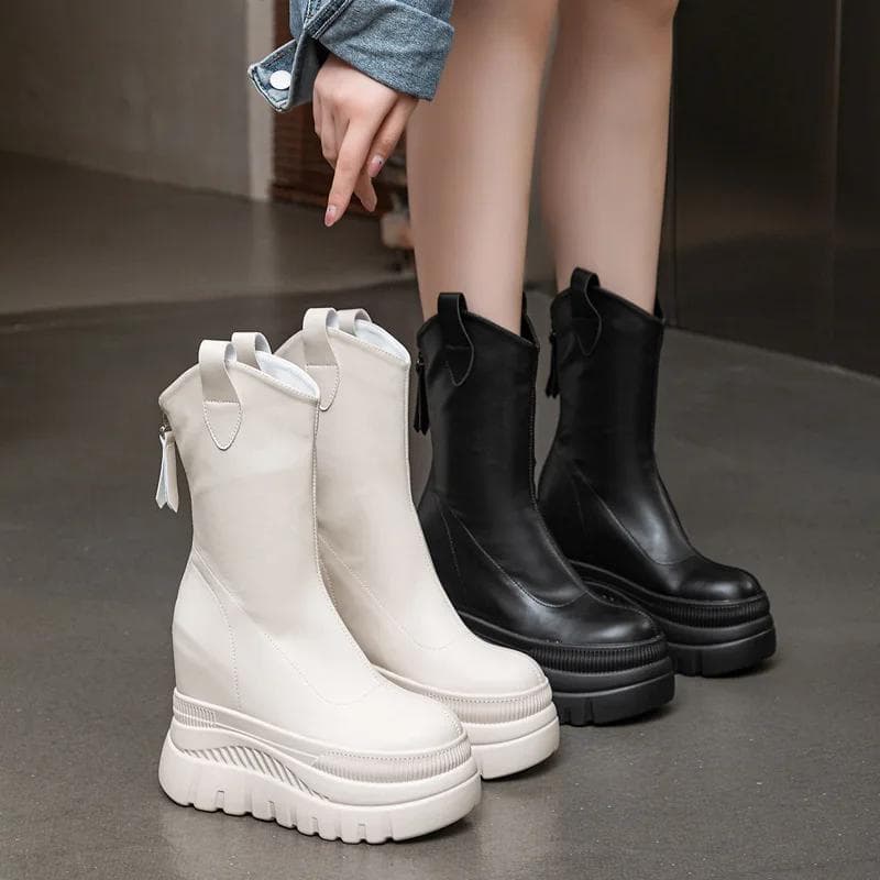 Modă 12CM Piele Microfibră Femei Vulcanizate Mărire Botine Casual cu Gleznă Platformă Pană Toc Înalt Pantofi Albi Pantofi cu Fermoar cm