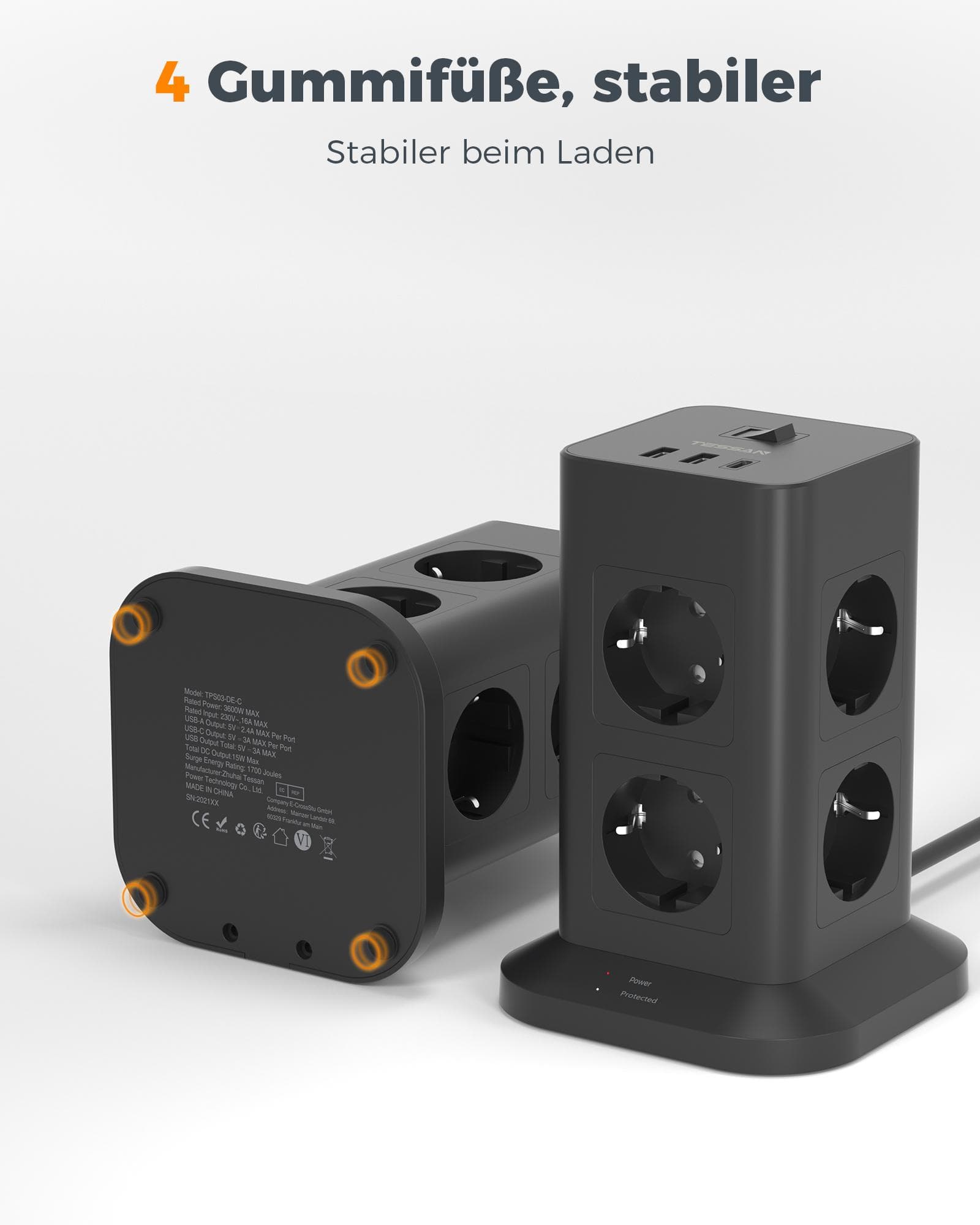 TESSAN Turn Priză 8 Prize Bandă Multiplă de Alimentare Verticală Cablu Prelungitor 2m Stecher EU cu 2 USB A 1 USB C Protector la Supratensiune