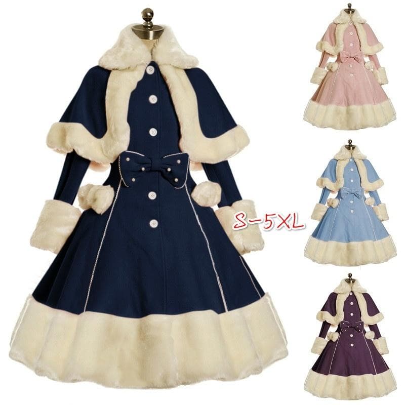 Paltoane de blană cu mânecă lungă de modă pentru femei, gotic, victorian, drăguț, rochie cu papule Lolita, toamnă iarnă, rochii calde cu