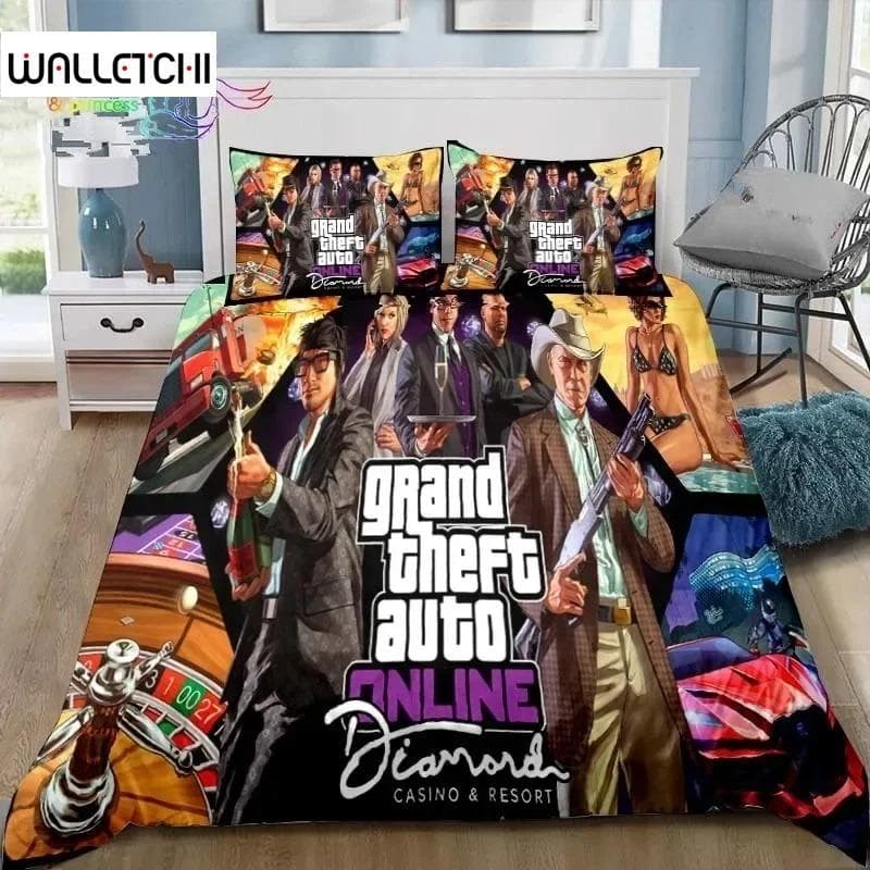 Set de lenjerie de pat cu imprimare 3D Grand Theft Auto GTA Game Gamer Set de pat cu două paturi, complet, Queen King Size, Dormitor pentru copii