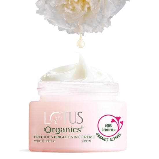 Cremă Luminoasă Prețioasă Lotus Organics+ | Pentru Pete Pigmentare, Imperfecțiuni și Pigmentare | Hidratant SPF 20 | Bujor Alb 100% Certificat