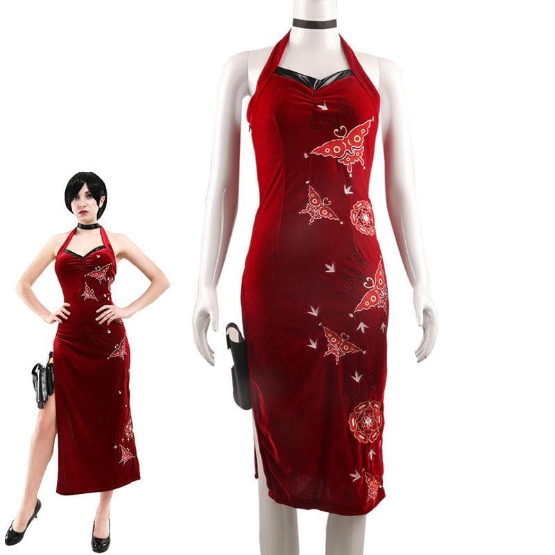Costum Cosplay Ada Wong pentru femei, rochie roșie în stil Cheongsam brodat, ținută cosplay de Halloween pentru femei cm
