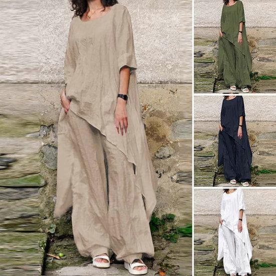 Set din două piese pentru femei, bumbac, in, ocazional, culoare solidă, mâneci 3/4, cămăși buzunare, pantaloni cu picioare largi, costum,