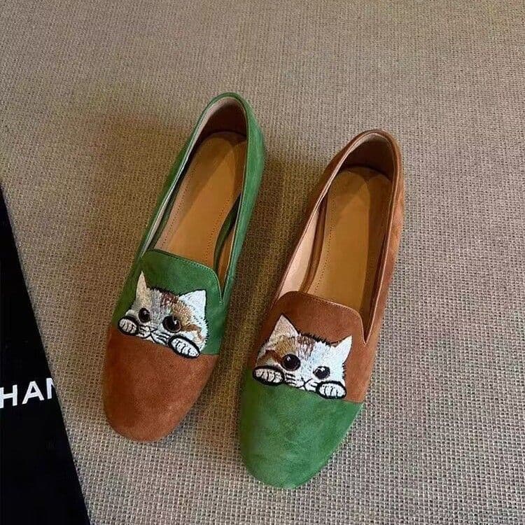 Papuci Brodați cu Pisică Femei Antiderapanți Pantofi Animal Pisoi Dama Vârf Pătrat Bicolor Balerini 39 khaki/verde