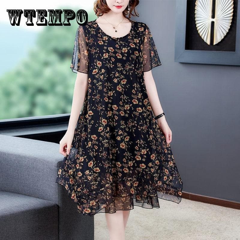 Rochie marime cu maneca scurta femei vara de lungime mijlocie cu gat rotund imprimeu mic floral confort si racoare cm
