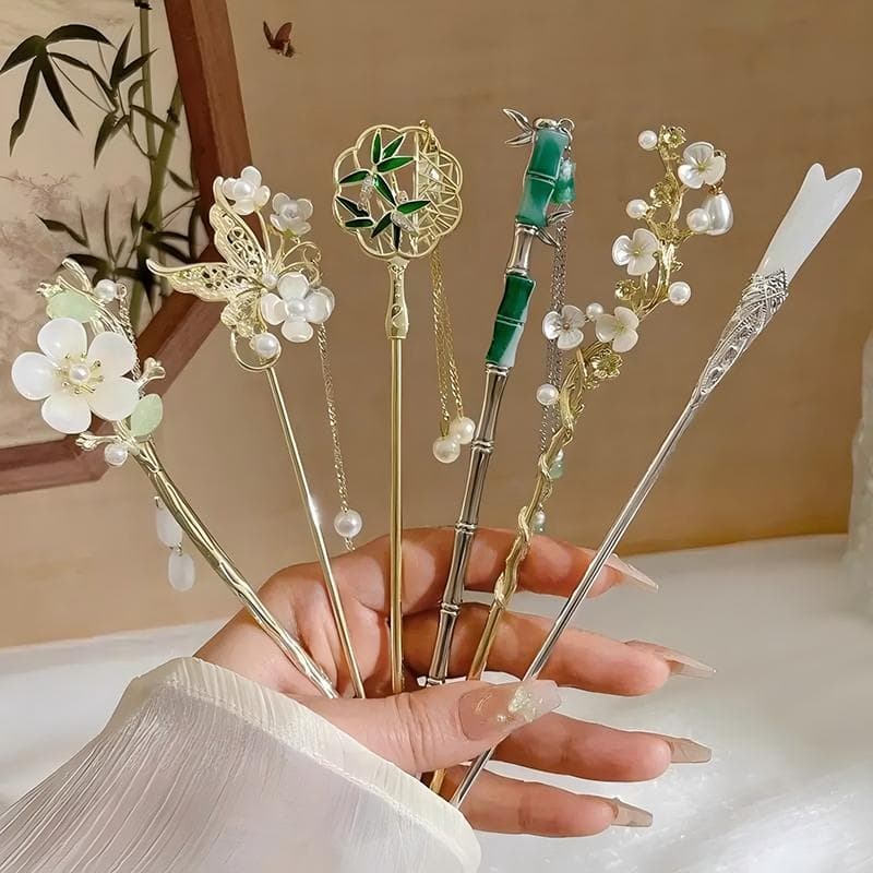 6 buc/set Agrafe de păr elegante chinezești ciucuri bețișoare de păr tradiționale retro metal flori decorațiuni jad accesorii de păr pentru