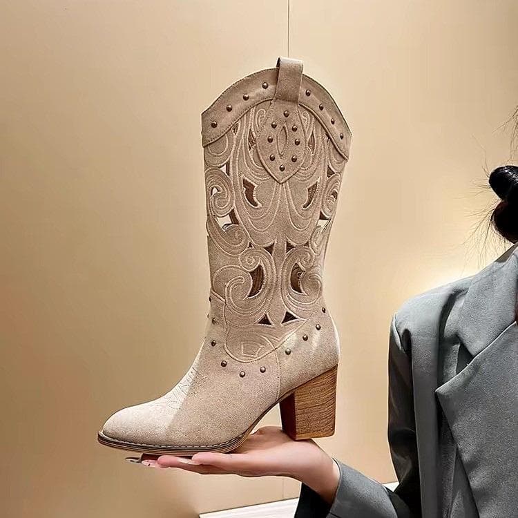 Cizme Cowboy Vestice cu Broderie Ajurată Ruodan Stil Retro Toc Înalt Toc Gros Vară Subțiri Cizme Medii Cizme pentru Copii cm maro