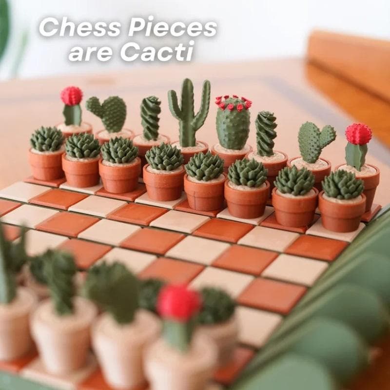 Cactus Design Chess Set 3D Printed Portable Roll Up Travel Board Game with Cartoon Pieces for Adults Kids
