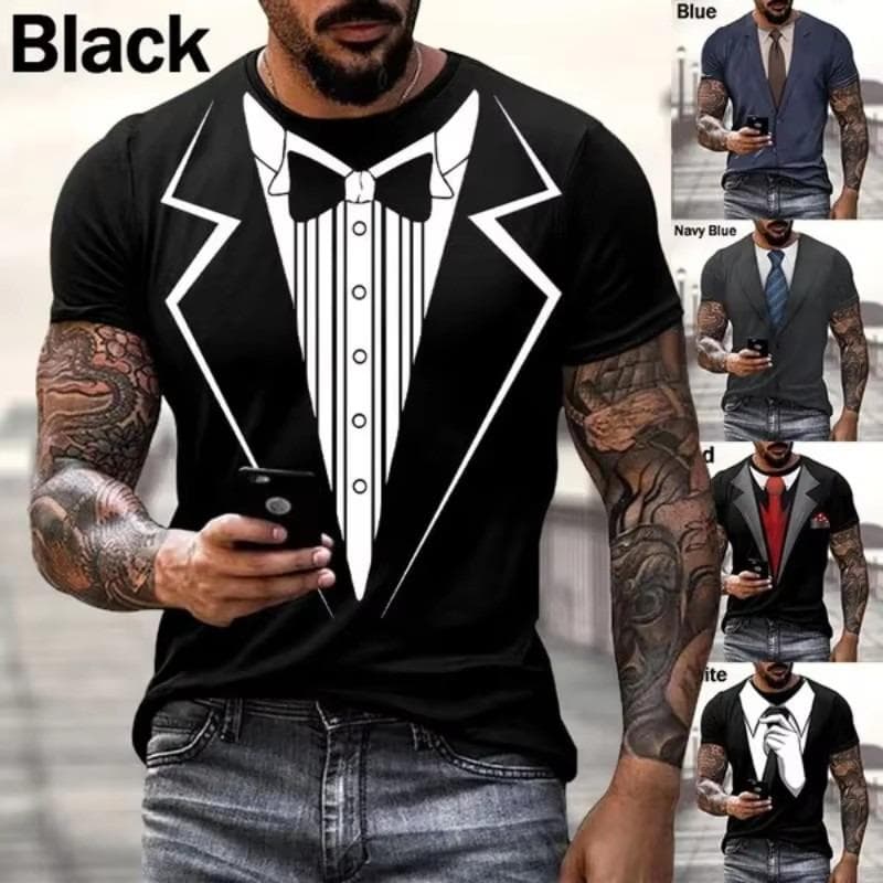 Tricou 3D imprimat cu papion pentru bărbați, costum fals, tricou 3D, smoking, costum de Halloween, tricou de calitate, streetwear, topuri cm