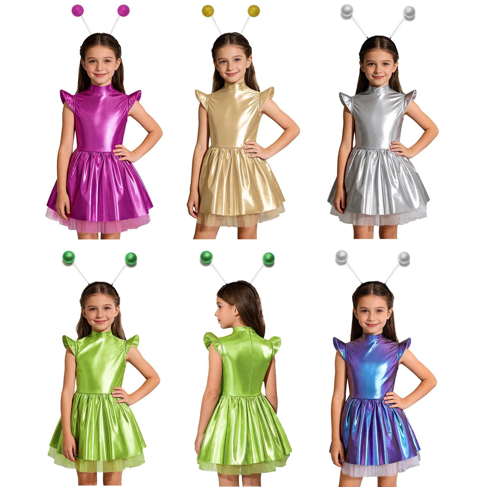 Ținută Completă de Joc de Rol Extraterestru pentru Fete 2 Piese: Rochie Tutu Lucioasă cu Bentiță de Păr, Design cu Mâneci Evantai pentru