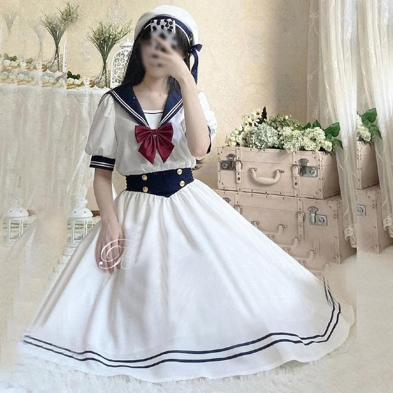 Rochie de femeie dulce, chic, guler marinar, mâneci bufante, rochii pentru femeie, rochie lolita, rochii drăguțe de vară pentru femei cm alb