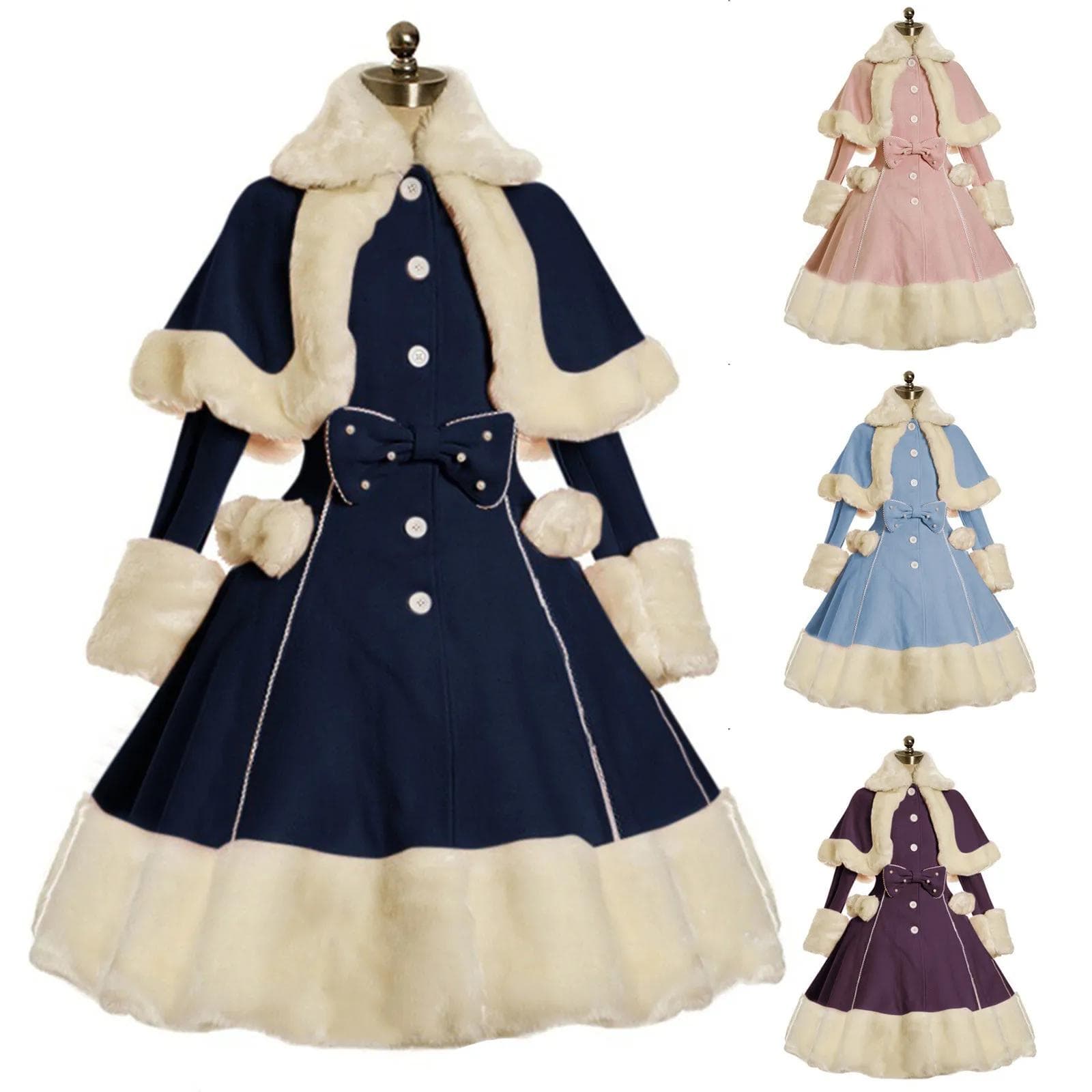 Costum de rochie gotic vintage Lolita femei guler de blană cu mâneci lungi șal drăguț cu un singur piept de iarnă rochii calde cu fundă groasă
