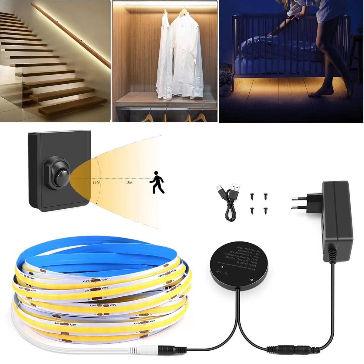 Lumină de pat LED COB cu senzor de mișcare PIR, controler LED, lampă de noapte pentru pat de bebeluș, bară LED, bandă LED pentru iluminatul