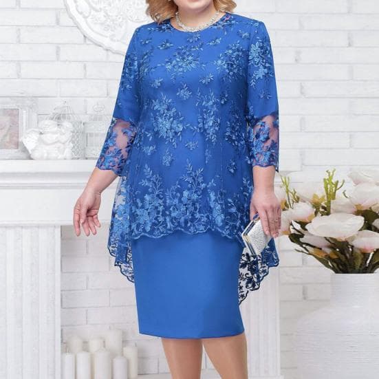 1 set Rochie Elegent Beauty Lady Plus Size Midi Cover Up Rochie Broderie Dantela Floare Decolteu O Talie Inalta 44624 Maneca Dama cm verde