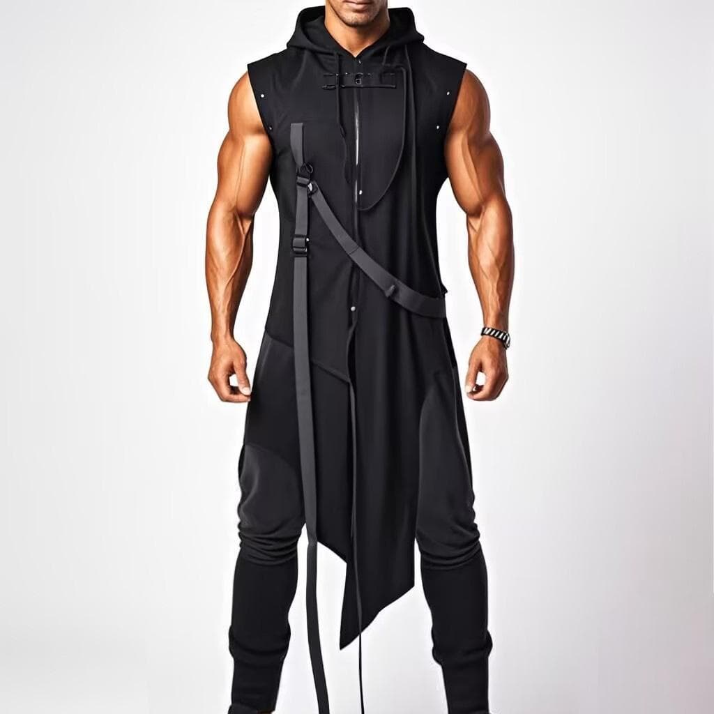 Vestă Neagră Gotic Rock Fără Mâneci Largă cu Glugă pentru Bărbați Costum Handsome pentru Performanță pe Scenă Cosplay cm