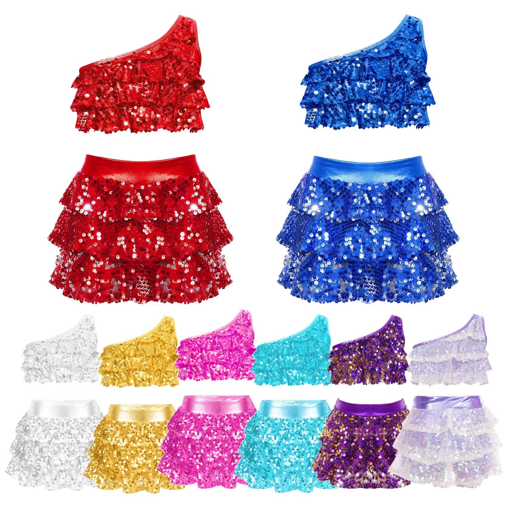 Copii fete paiete metalic crop top cu fustă Set ținute de dans latino jazz 2 piese costum de scenă haine de dans cm argintiu