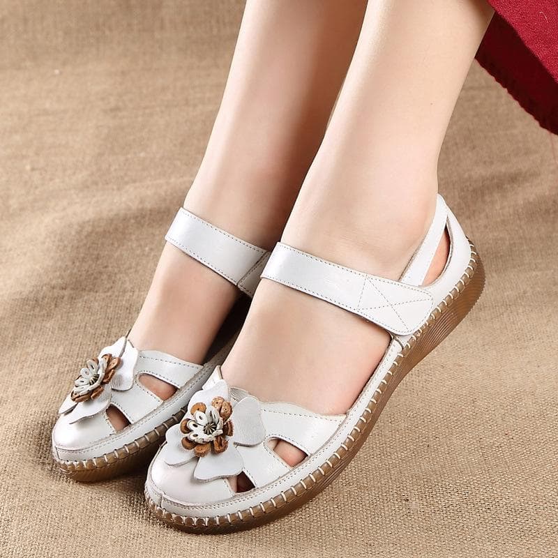 Sandale din piele 100% naturală pentru femei, pantofi de vară, cu flori plate, pantofi de mama, talpă groasă, antiderapantă, casual, sandale de