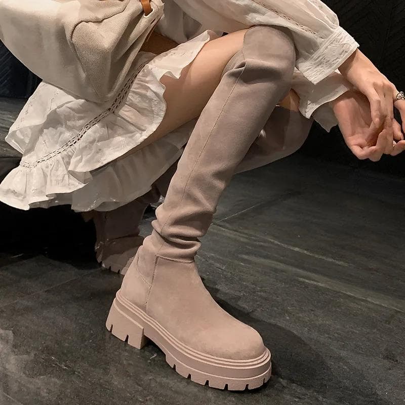 Fashion Fashion Platform Knee High Boots for Women Autumn Winter Fashion Slip on Leather Boots Woman Elastic Thick Soled Over Knee Botas cm