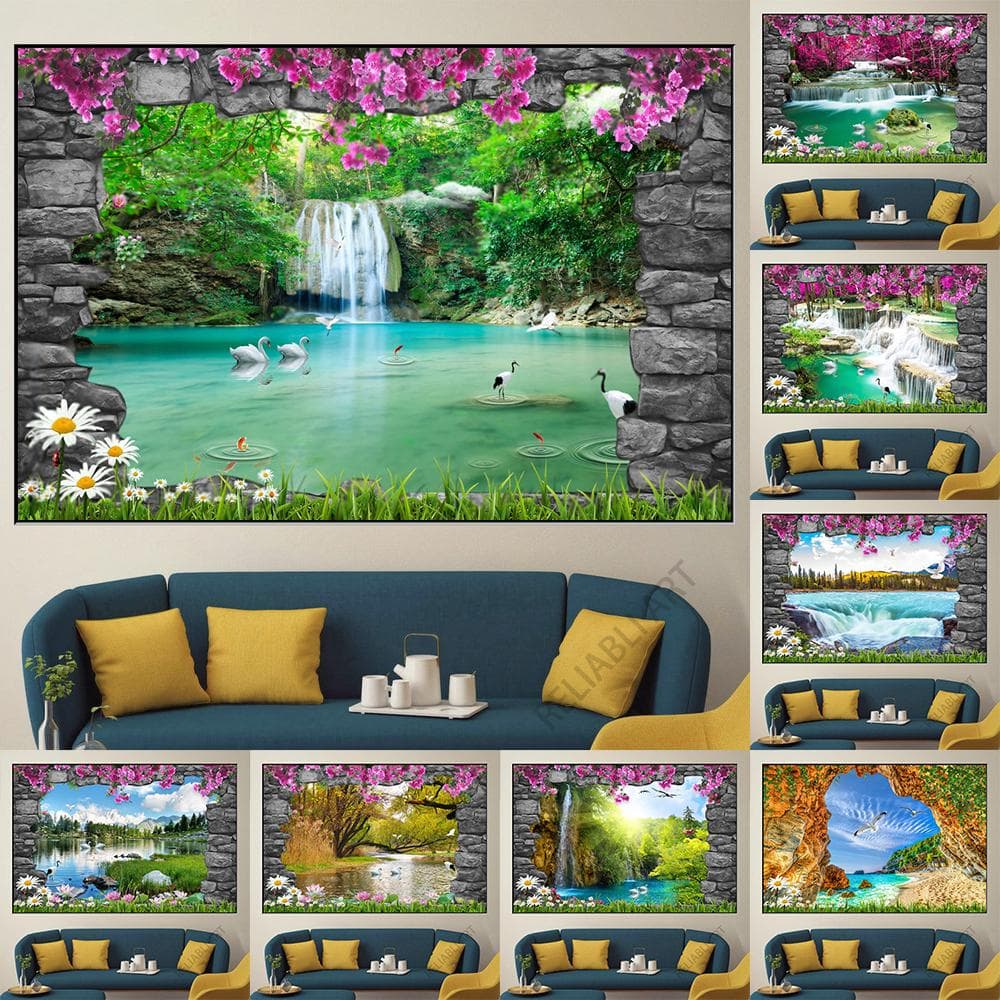 Natură Peisaj Pânză Pictură Arc de piatră Cascada Imagini HD Tapet cu flori Postere pentru decor camera de zi Fără cadru