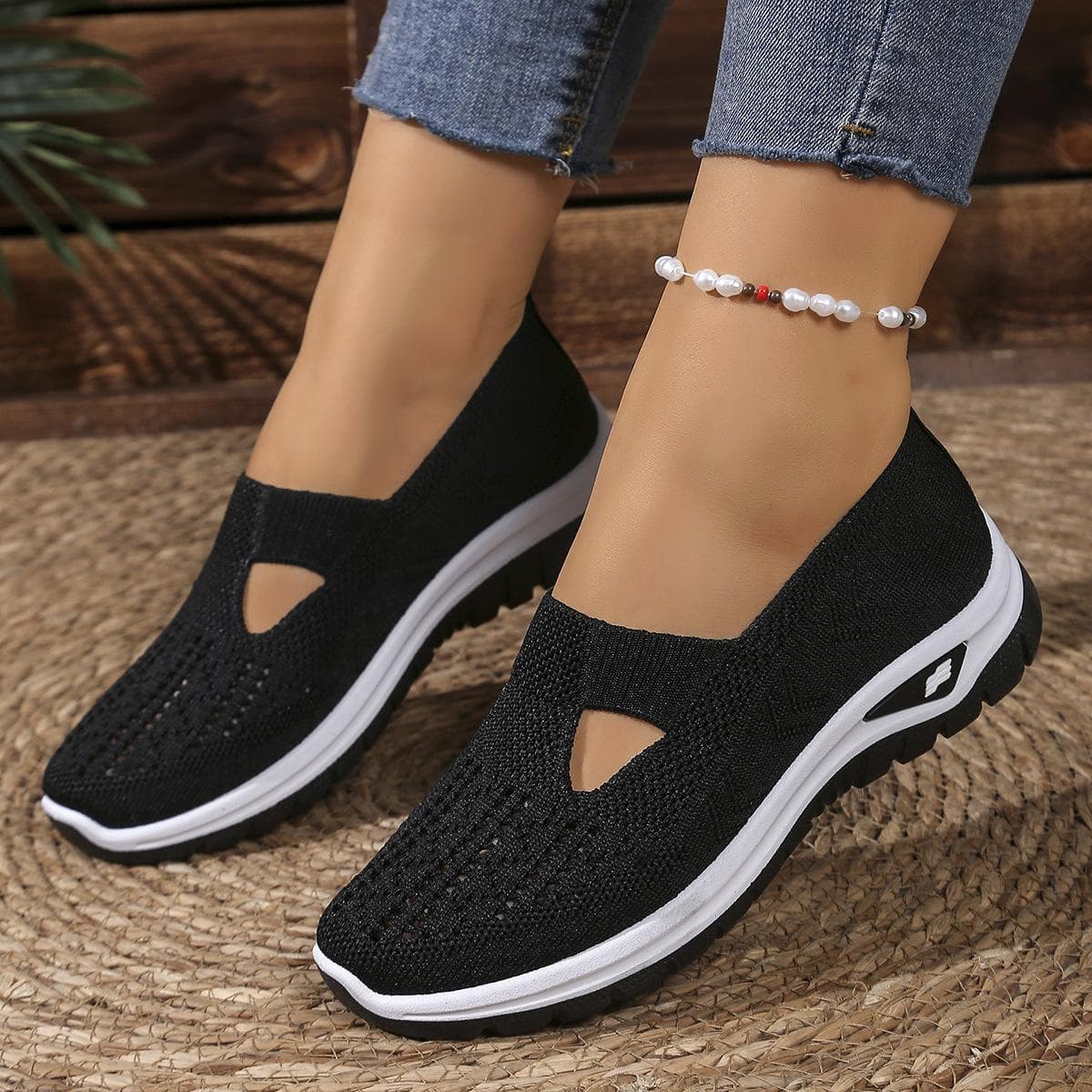 Adidași respirabili pentru femei cu talpă PVC amortizată - Pantofi de mers tricotati slip-on cu tălpi joase potriviți pentru interior/exterior,