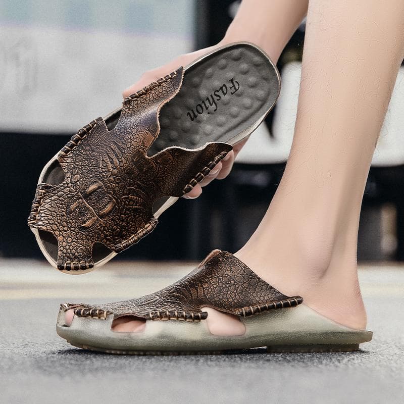 JAHSEH Papuci de casă pentru bărbați din piele naturală, lucrați manual, stil cu bob de crocodil, pantofi casual de vară pentru bărbați,