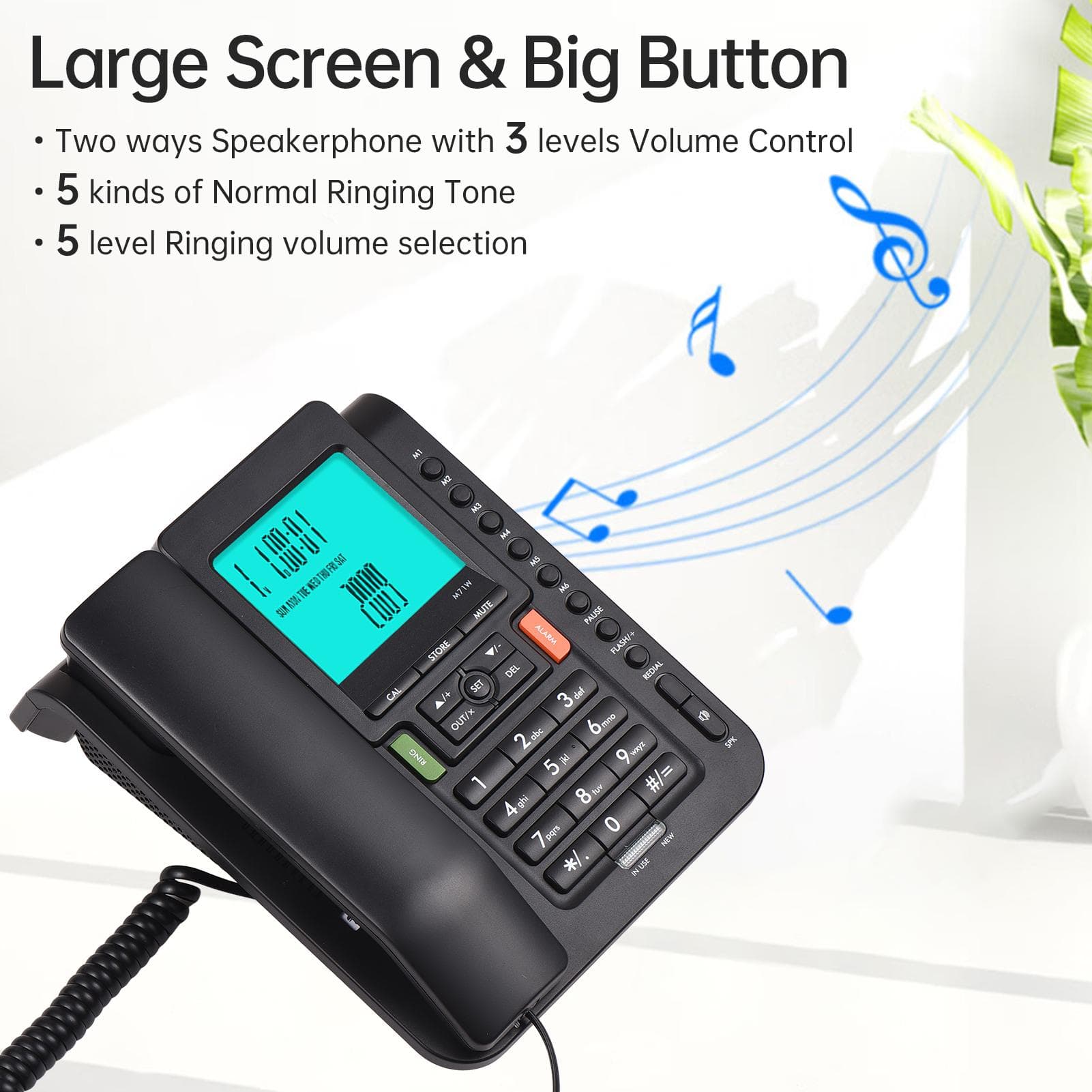 Telefon cu fir Birou Telefon fix Telefon DTMFFSK Sistem dublu Suport buton de memorie cu un singur buton negru