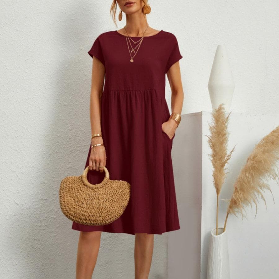 Rochie de vară cu mânecă scurtă, cu mâneci scurte, cu gât rotund, din bumbac, la modă cm