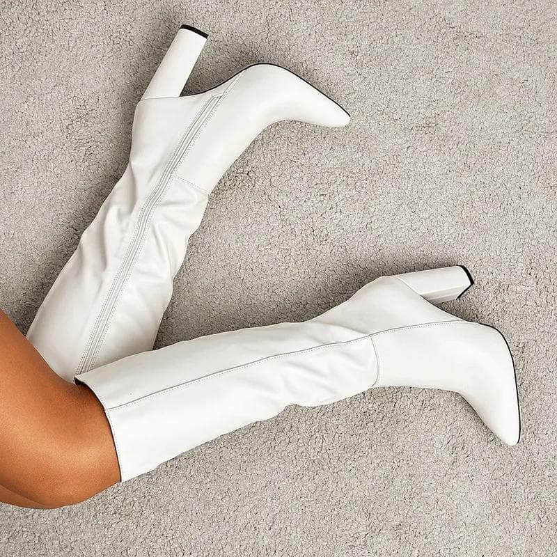Modă Modă Piele PU Cizme înalte până la genunchi de cavaler Sexy Vârf ascuțit Fermoar lateral lung Toc pătrat înalt Pantofi de damă Botas De
