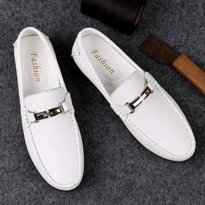 Mocasini albi pentru bărbați, din piele naturală, slip-on, pantofi clasici din piele, talpă moale, mocasini confortabili, pantofi casual, pantofi
